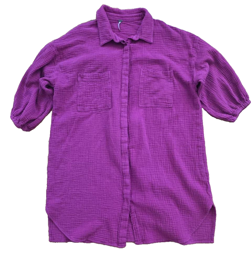 Revolve Fabulous And Broke Puff Sleeve gauze cotton Shirt Dress Purple M A001233